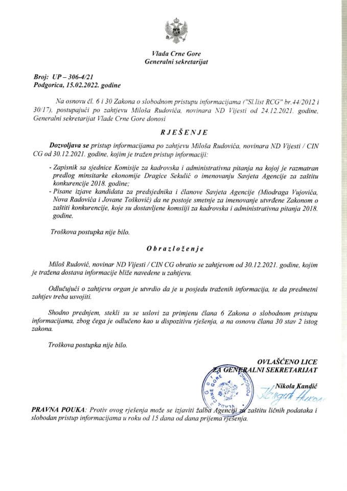 Informacija kojoj je pristup odobren po zahtjevu Miloša Rudovića od 30.12.2021. godine – UP - 306-4/21