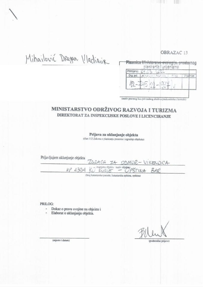 Prijava za uklanjanje objekta - 12-745-22-1997-1 Mihailović Vladimir