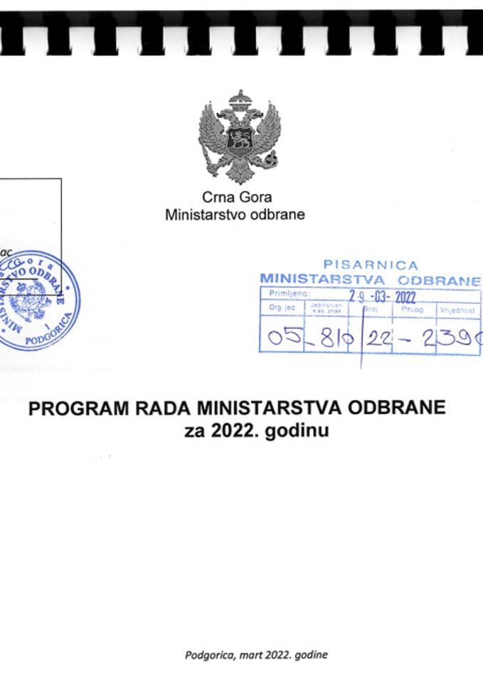 Program rada Ministarstva odbrane za 2022. godinu