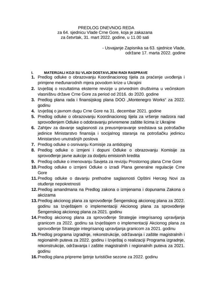 Predlog dnevnog reda za 64. sjednicu Vlade Crne Gore