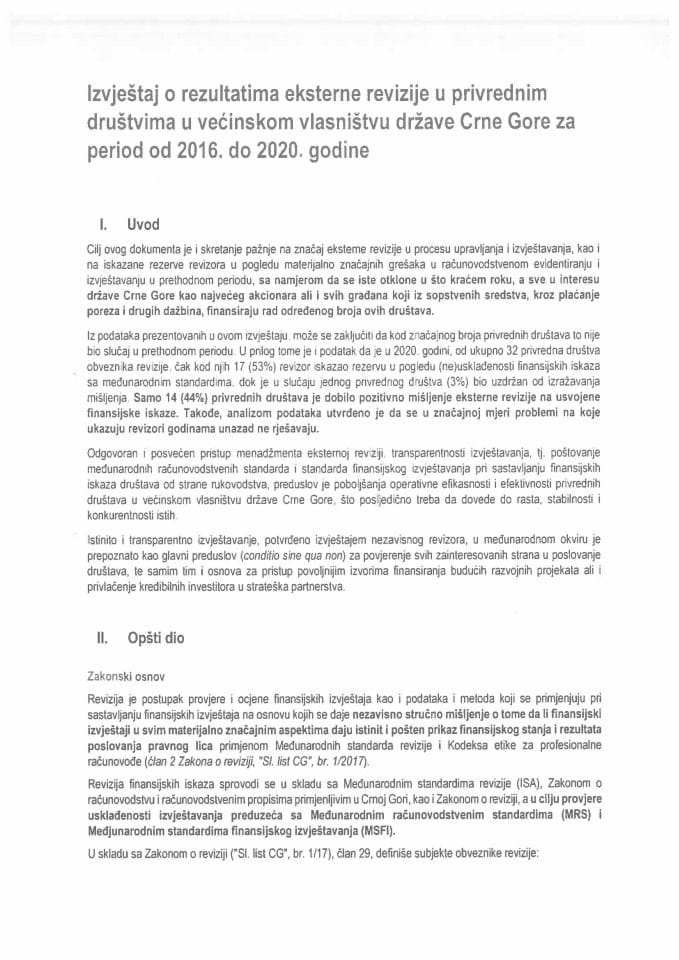 Извјештај о резултатима екстерне ревизије у привредним друштвима у већинском власништву државе Црне Горе за период од 2016. до 2020. године