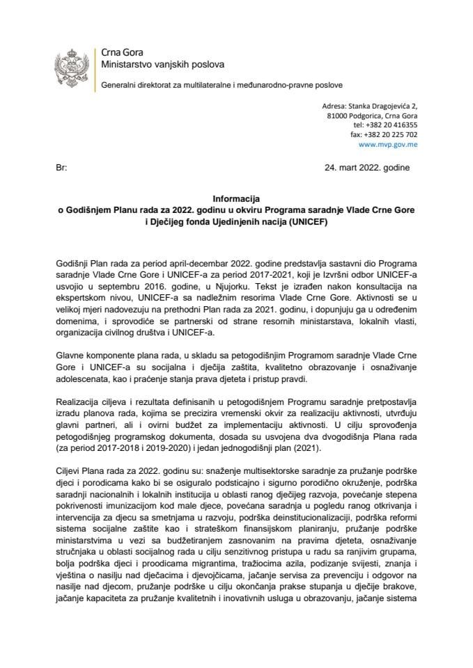 Informacija o Godišnjem planu rada za 2022. godinu u okviru Programa saradnje Vlade Crne Gore i Dječijeg fonda Ujedinjenih nacija (UNICEF) s Predlogom plana rada za 2022. godinu