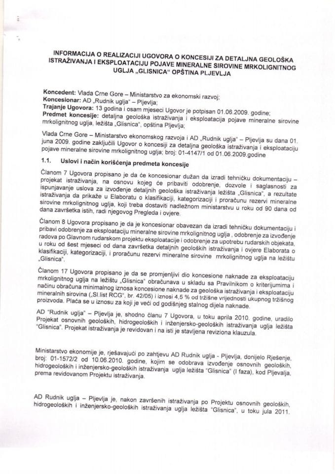 Informacija o realizaciji Ugovora o koncesiji za detaljna geološka istraživanja i eksploataciju mineralne sirovine mrkolignitnog uglja „Glisnica“, Opština Pljevlja