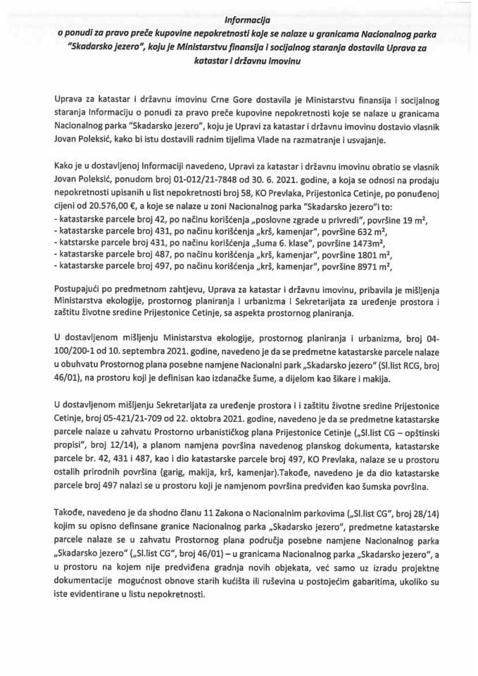 Informacija o ponudi za pravo preče kupovine nepokretnosti koje se nalaze u granicama Nacionalnog parka „Skadarsko jezero“ (bez rasprave)