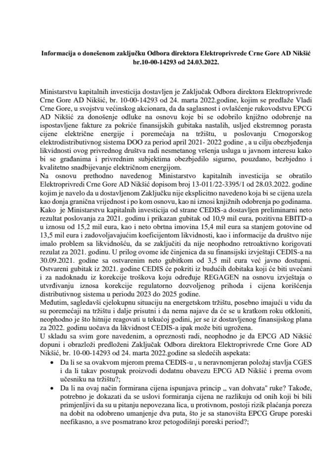 Informacija o donešenom zaključku Odbora direktora Elektroprivrede Crne Gore AD Nikšić br.10-00-14293 od 24.03.2022.