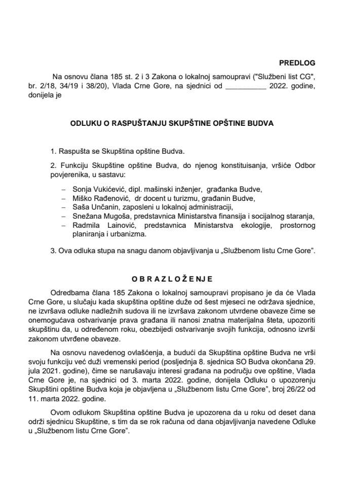 Predlog odluke o raspuštanju Skupštine opštine Budva