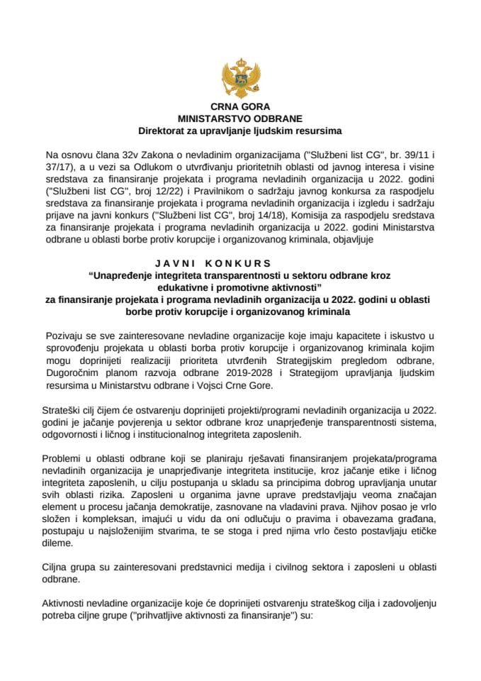 Javni konkurs Borba protiv korupcije i organizovanog kriminala 2022.god