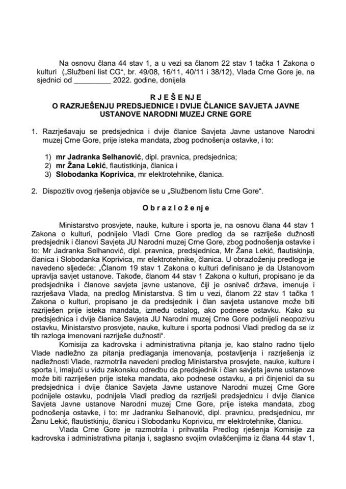 Предлог за разрјешење предсједнице и двије чланице Савјета Јавне установе Народни музеј Црне Горе
