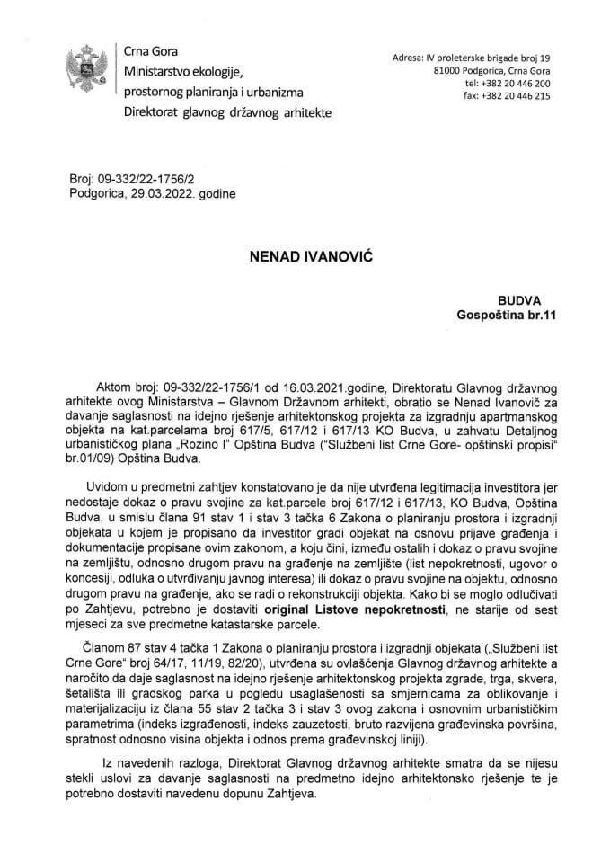 Obavještenja - Saglasnosti glavnog državnog arhitekte - 29.03.2022. - Obavještenje - Nenad Ivanović Budva - Opština Budva