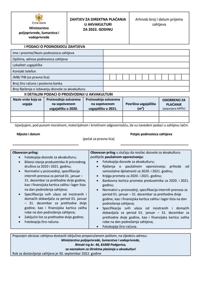2. Obrazac zahtjeva - direktna plaćanja u akvakulturi 2022. godine