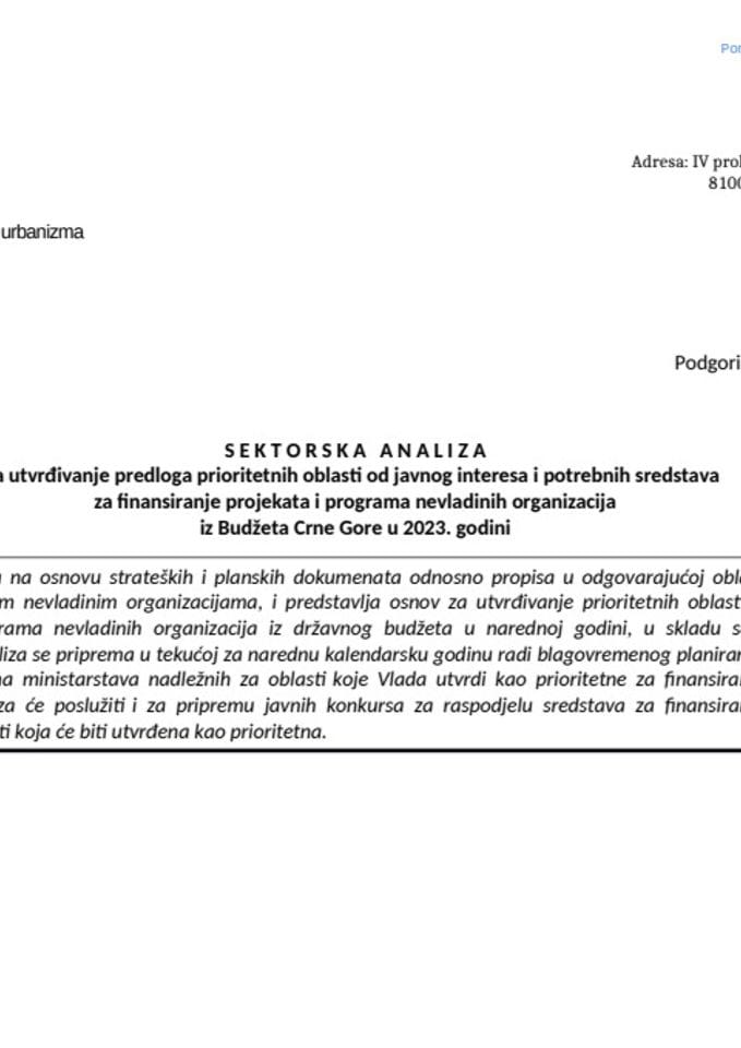 Секторска анализа за утврђивање предлога приоритетних области од јавног интереса и потребних средстава за финансирање пројеката и програма невладиних организација из Буџета Црне Горе у 2023. години