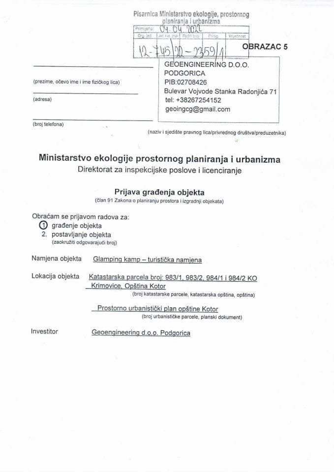 Prijava građenja objekta - 12-745-22-2359-1 GEOENGINEERING DOO PODGORICA