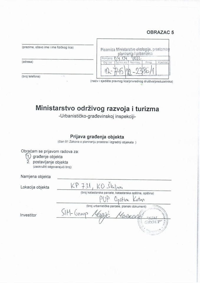 Prijava građenja objekta - 12-745-22-2386-1 SIM GROUP