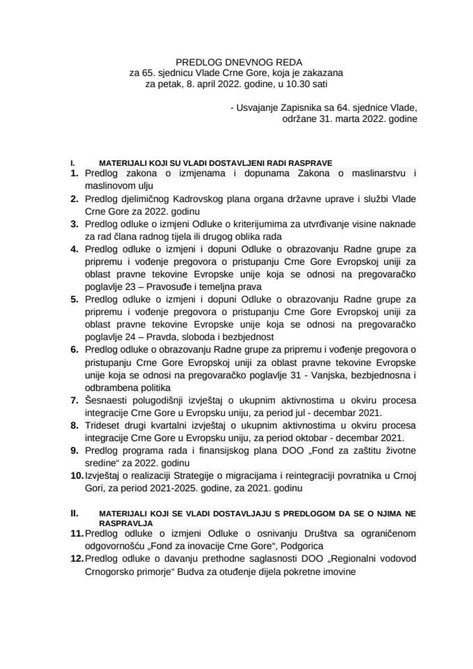 Предлог дневног реда за 65. сједницу Владе Црне Горе