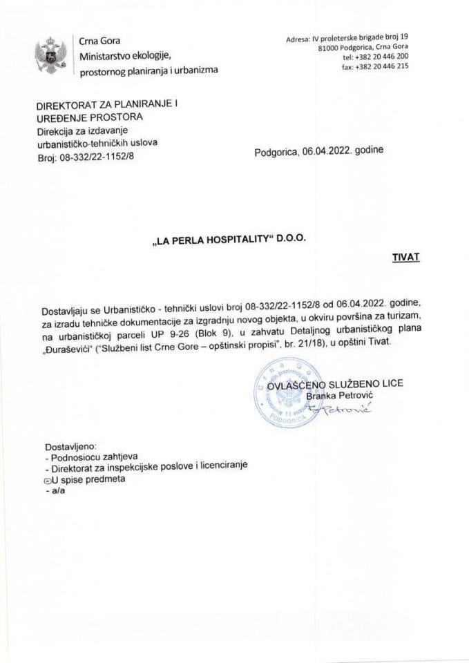 Izdati urbanističko tehnički uslovi 084-332-22-1152-8 LA PERLA HOSPITALITY DOO