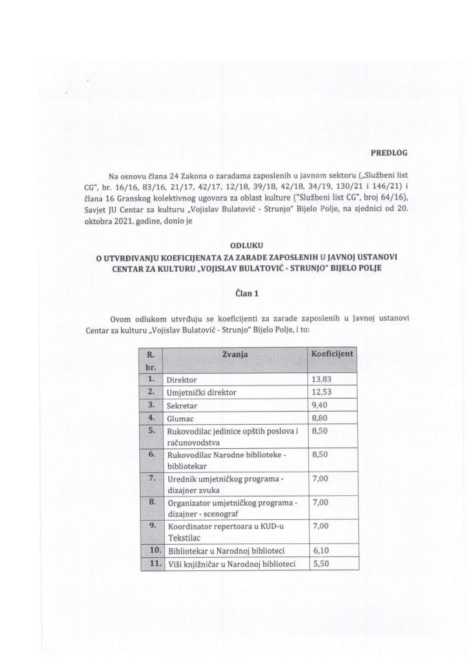 Predlog odluke o utvrđivanju koeficijenata za zarade zaposlenih u Javnoj ustanovi Centar za kulturu „Vojislav Bulatović – Strunjo“ Bijelo Polje (bez rasprave)