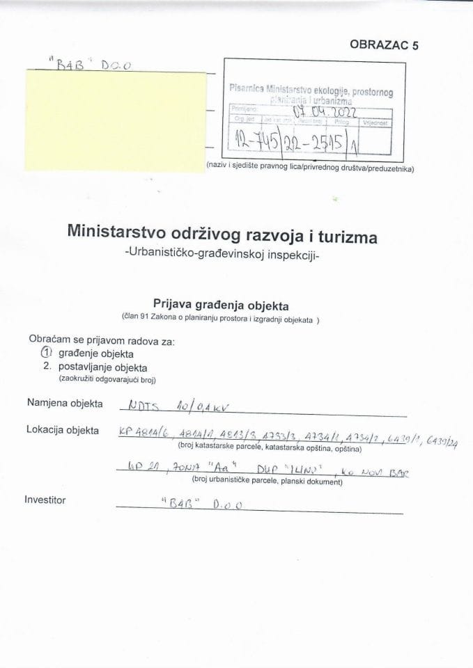 Prijava građenja objekta - 12-745-22-2515-1 B4B DOO