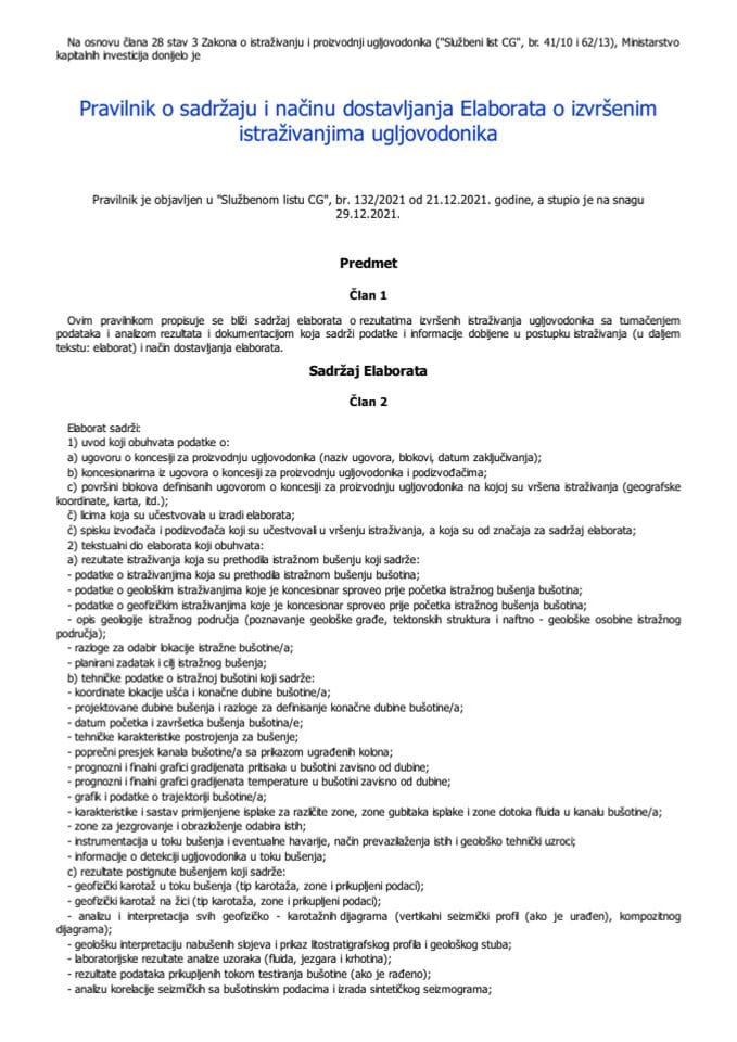 Pravilnik o sadržaju i načinu dostavljanja Elaborata o izvršenim istraživanjima ugljovodonika