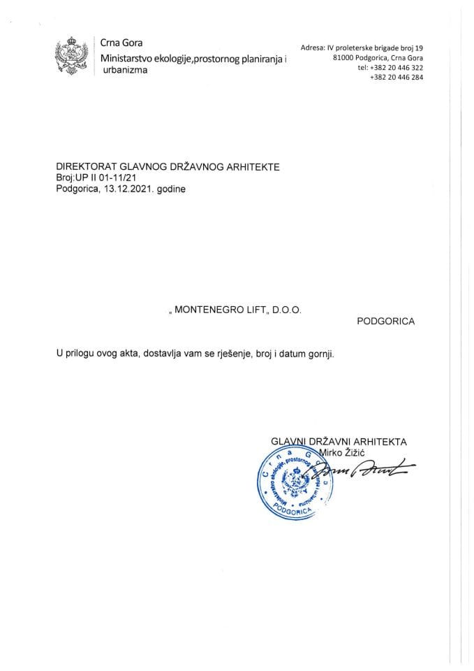 Rješenje po žalbi glavnog državnog arhitekte - UPII 01-11/21 - MONTENEGRO LIFT D.O.O Podgorica - Glavni grad Podgorica