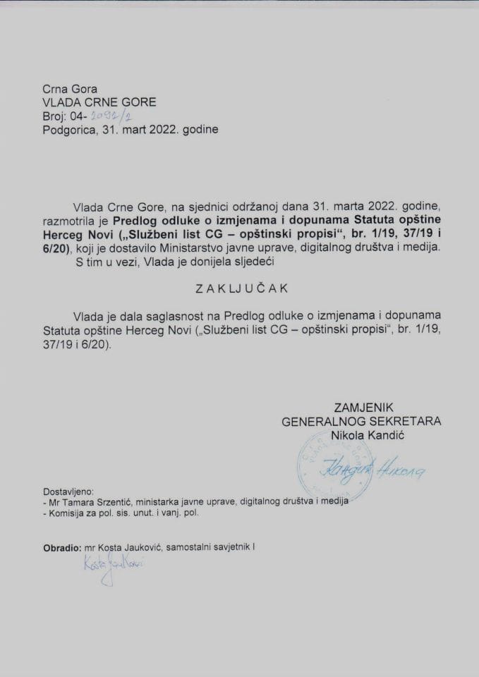 Predlog odluke o izmjenama i dopunama Statuta opštine Herceg Novi („Službeni list CG – opštinski propisi“, br. 1/19, 37/19 i 6/20) - zaključci
