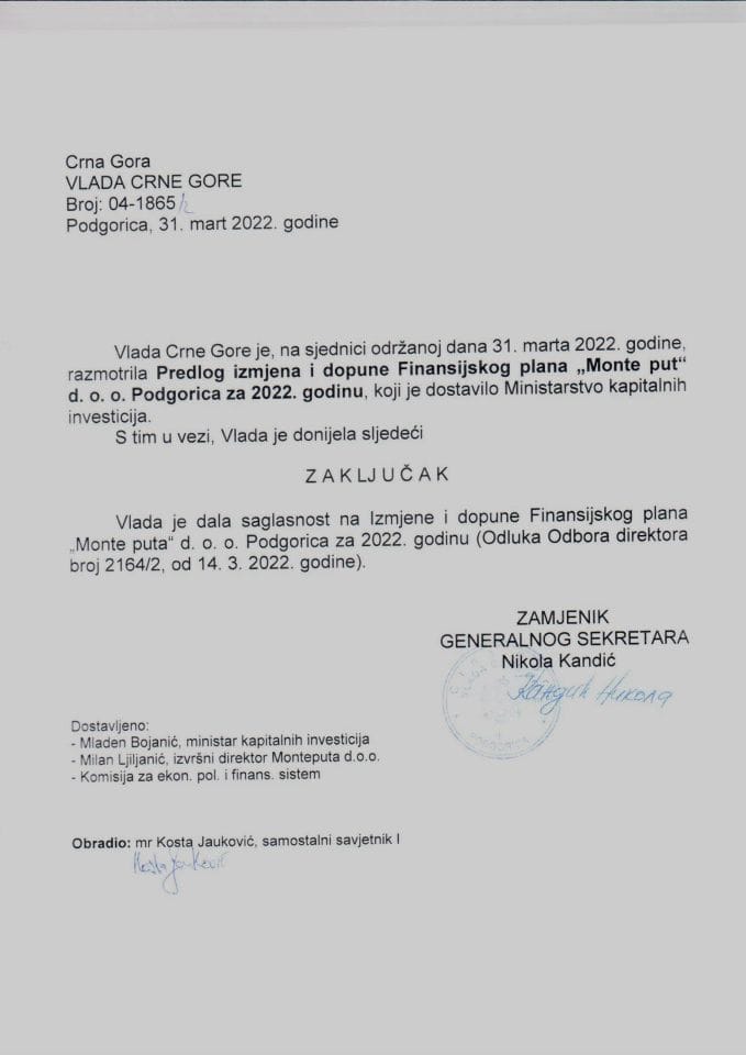 Predlog izmjena i dopuna Finansijskog plana „Monte put“ d.o.o. Podgorica za 2022. godinu - zaključci