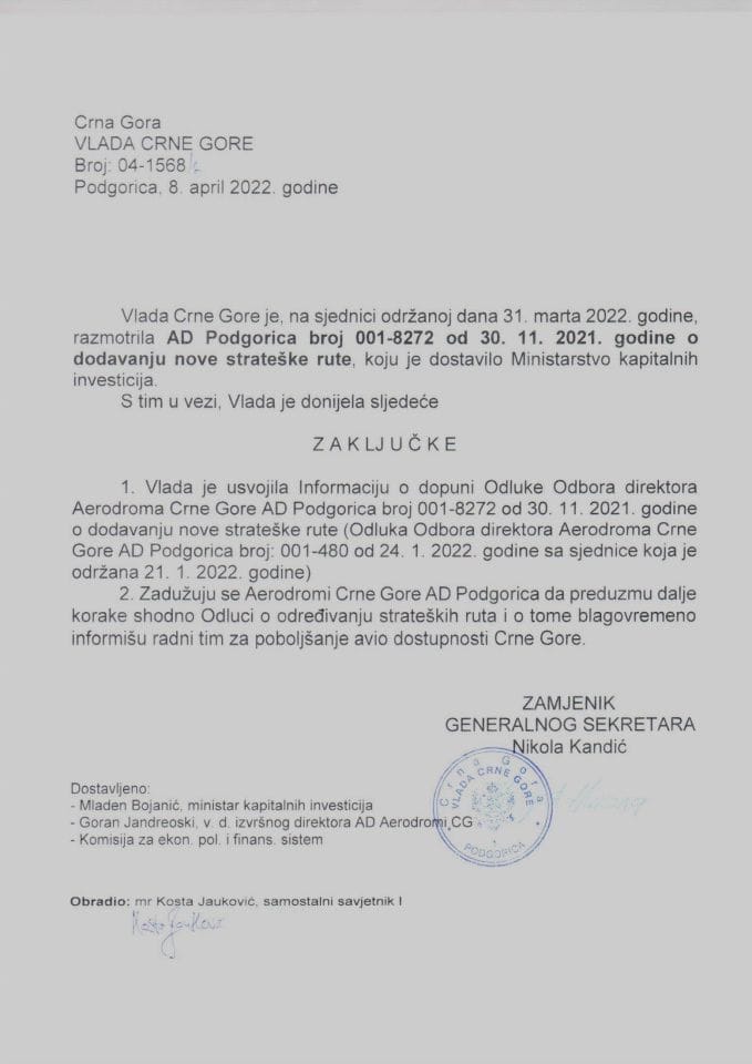 Informacija o dopuni Odluke Odbora direktora Aerodroma Crne Gore AD Podgorica broj 001-8272 od 30.11.2021. godine o dodavanju nove strateške rute - zaključci