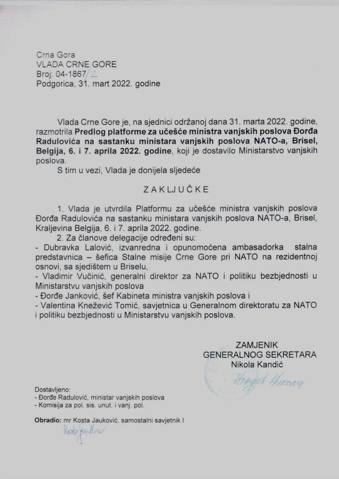 Predlog platforme za učešće ministra vanjskih poslova Đorđa Radulovića na sastanku ministara vanjskih poslova NATO-a, Brisel, Belgija, 6. i 7. aprila 2022. godine - zaključci