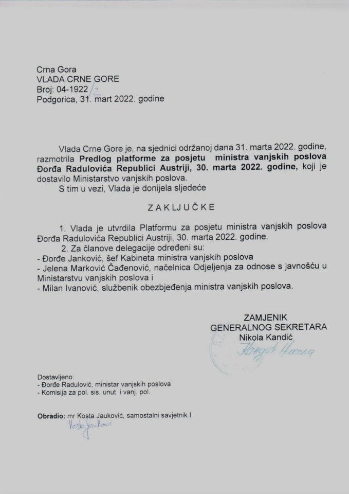 Predlog platforme za posjetu ministra vanjskih poslova Đorđa Radulovića Republici Austriji, 30. marta 2022. godine - zaključci