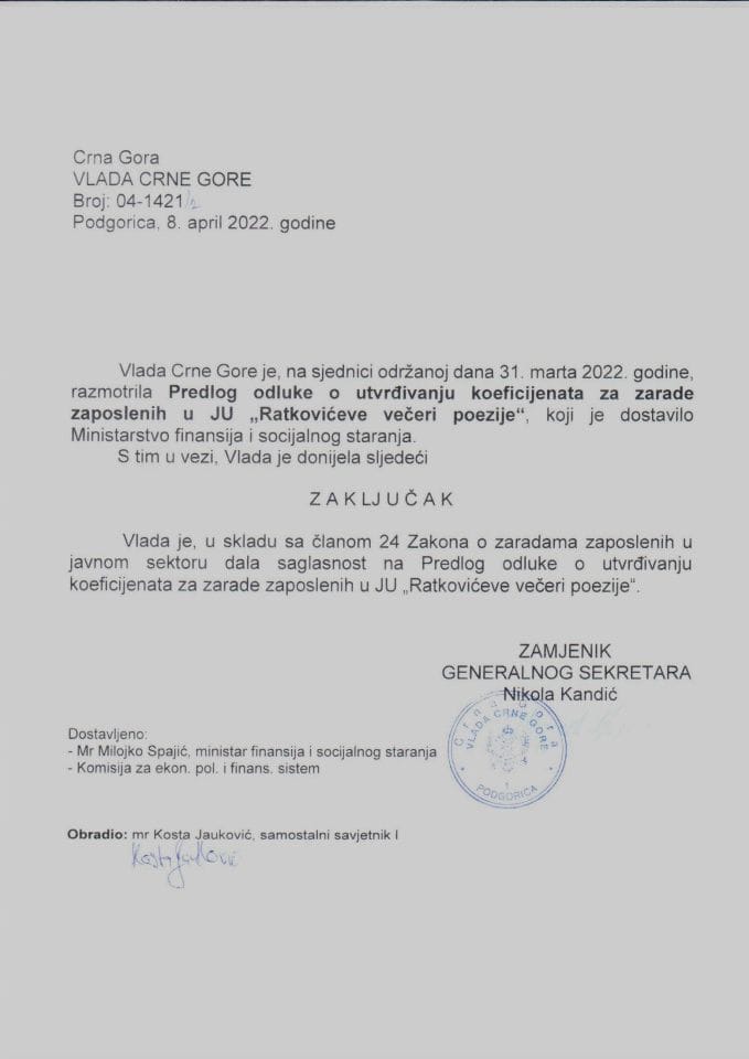 Predlog odluke o utvrđivanju koeficijenata za zarade zaposlenih u JU „Ratkovićeve večeri poezije“ - zaključci