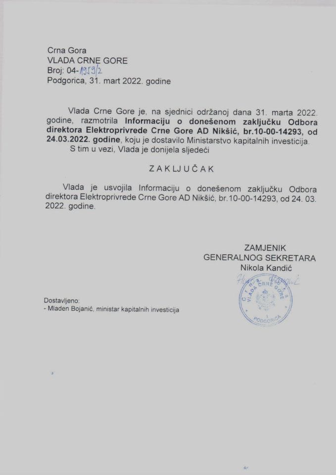 Informacija o donešenom zaključku Odbora direktora Elektroprivrede Crne Gore AD Nikšić br.10-00-14293 od 24.03.2022. - zaključci