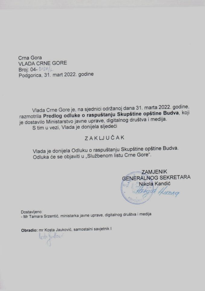 Predlog odluke o raspuštanju Skupštine opštine Budva - zaključci