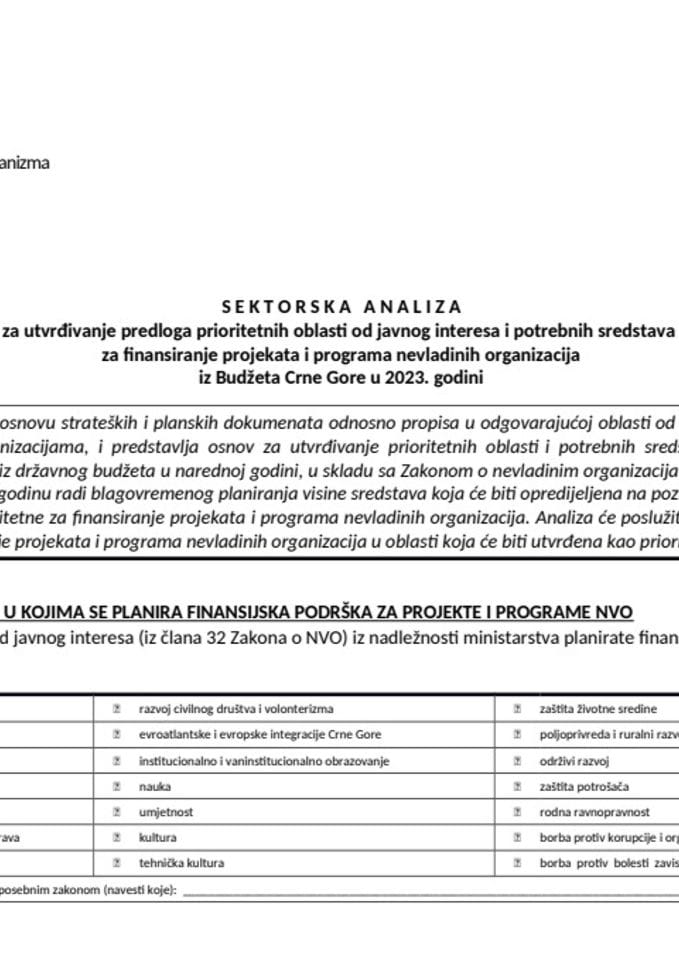 Sektorska analiza za utvrđivanje predloga prioritetnih oblasti od javnog interesa i potrebnih sredstava za finansiranje projekata i programa nevladinih organizacija iz Budžeta Crne Gore u 2023. godini