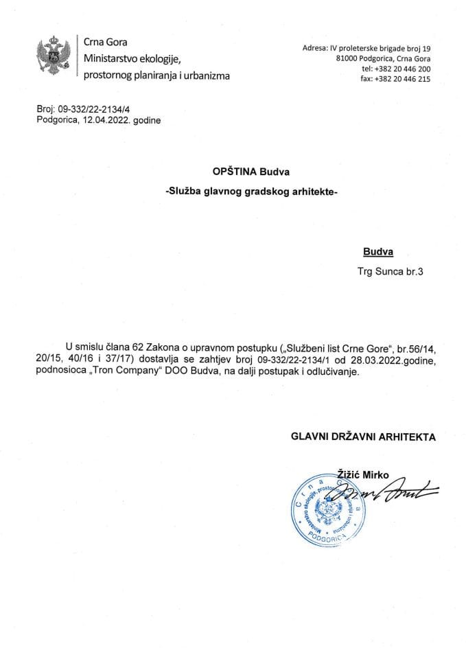 12.04.2022. - Obavještenje - TRON COMPANY D.O.O Budva - Opština Budva ( UP 4 )