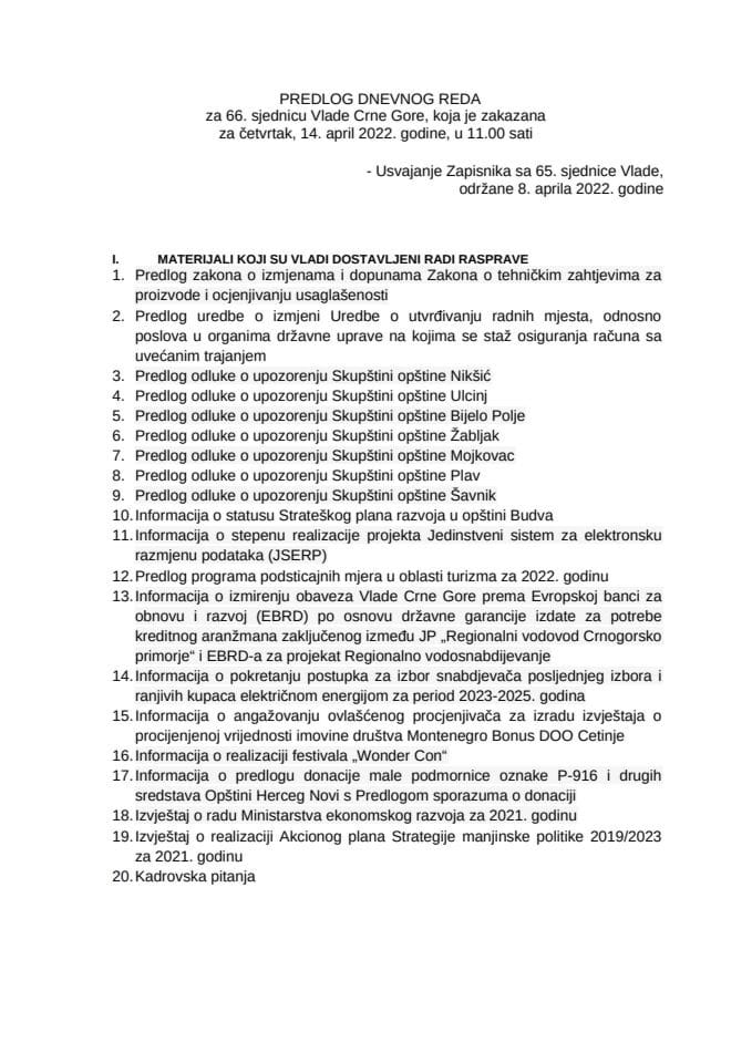 Predlog dnevnog reda za 66. sjednicu Vlade Crne Gore