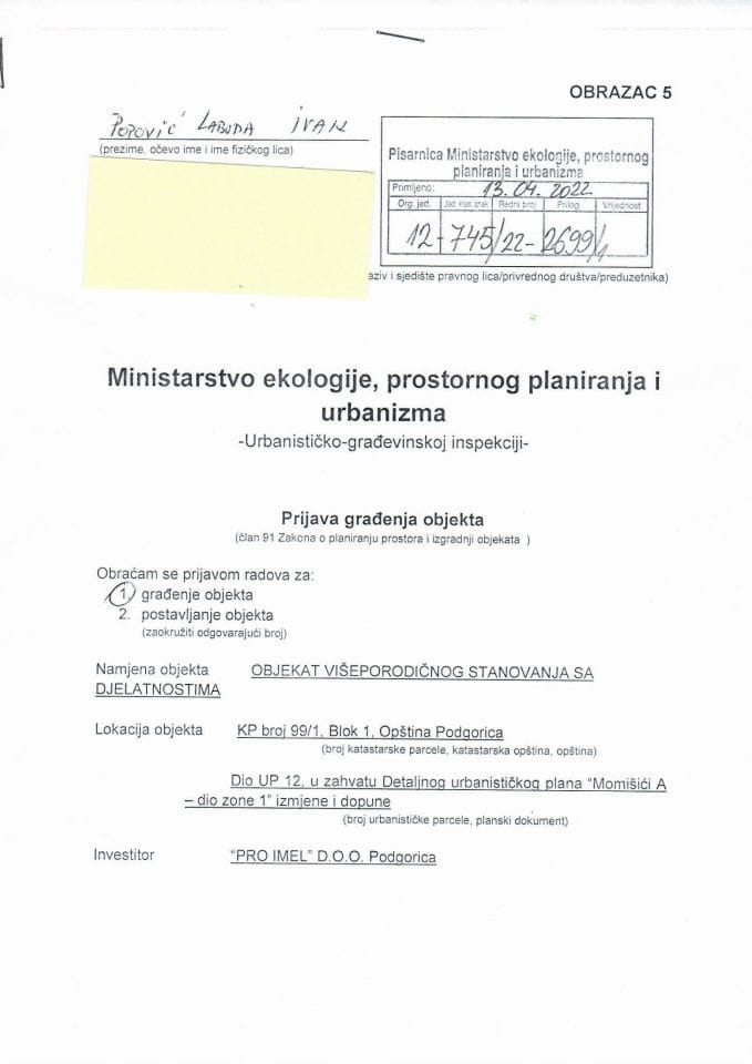 Prijava građenja objekta - 12-745-22-2699-1 PRO IMEL DOO