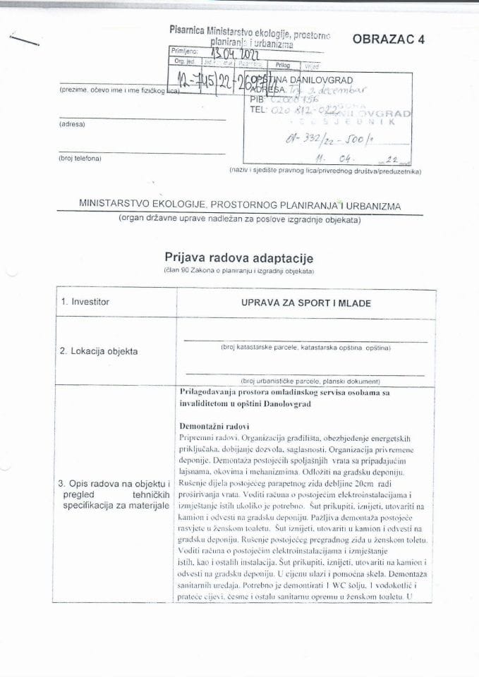 Prijava radova adaptacije - 12745-22-2697-1 UPRAVA ZA SORT I MLADE