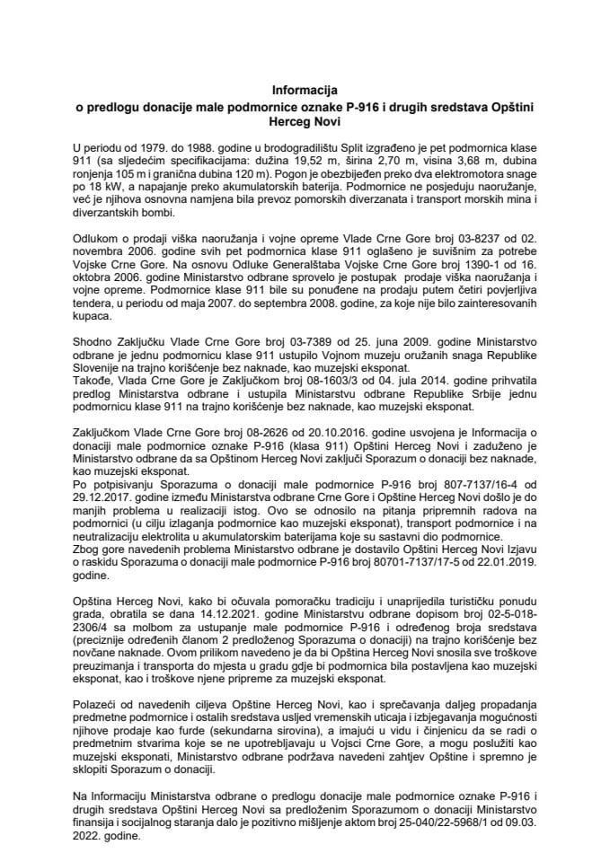 Informacija o predlogu donacije male podmornice oznake P-916 i drugih sredstava Opštini Herceg Novi s Predlogom sporazuma o donaciji