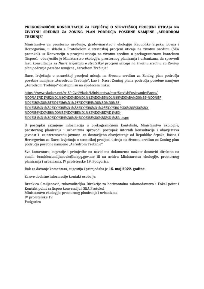 PREKOGRANIČNE KONSULTACIJE ZA IZVJEŠTAJ O STRATEŠKOJ PROCJENI UTICAJA NA ŽIVOTNU SREDINU ZA ZONING PLAN PODRUČJA POSEBNE NAMJENE „AERODROM TREBINJE“