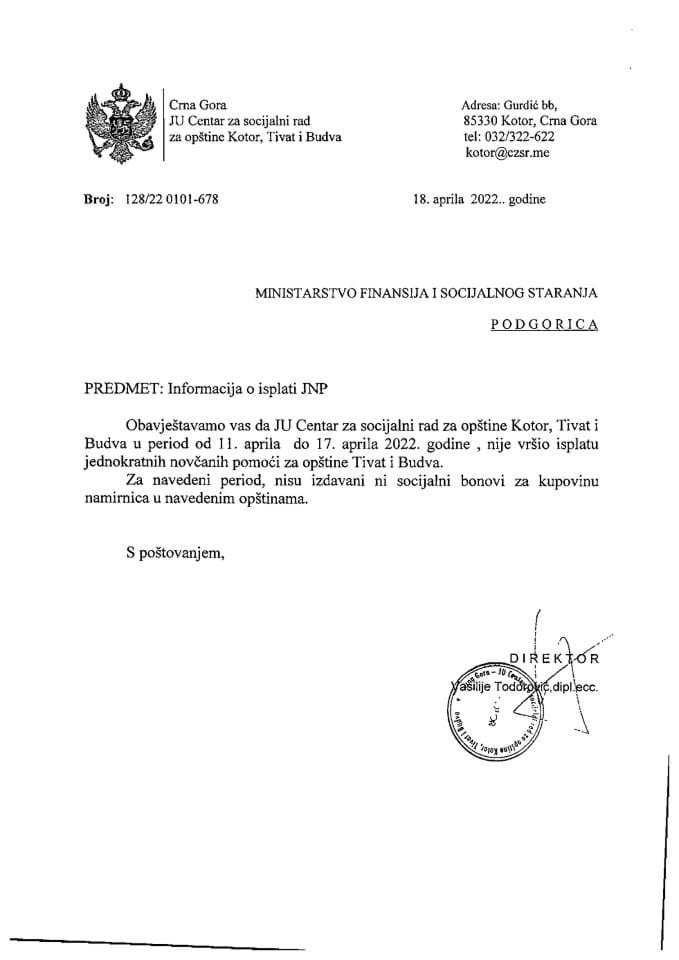 Једнократне помоћи за период од 11.априла до 17.априла 2022.г. за ПЈ Тиват и ПЈ Будву