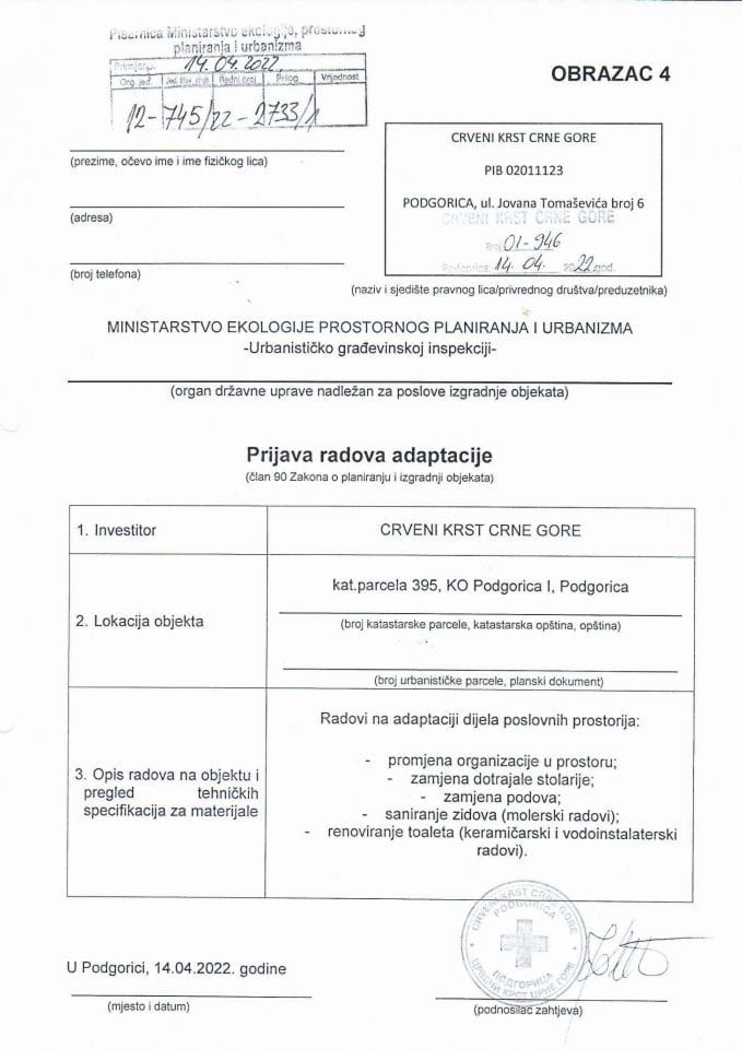 Prijava radova adaptacije - 12-745-22-2733-1 CRVENI KRST CRNE GORE