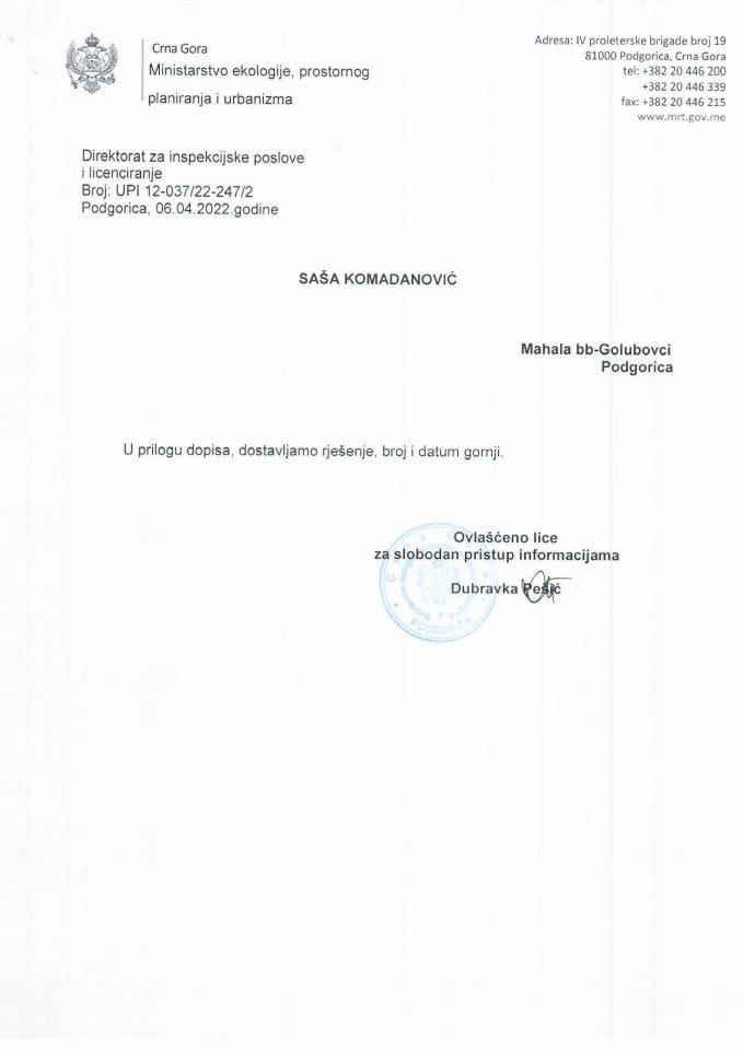 Rješenje - Slobodan pristup informacijama - SPI UPI 12-037-22-247-2 - SAŠA KOMADANOVIĆ