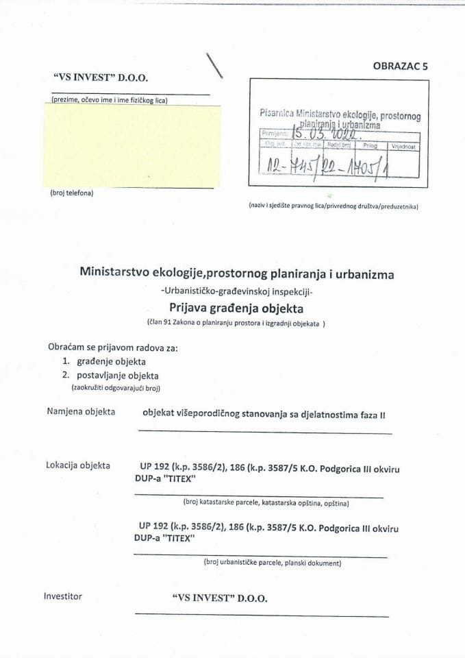 Prijava građenja objekta - 12-745-22-1705-1 VS INVEST DOO