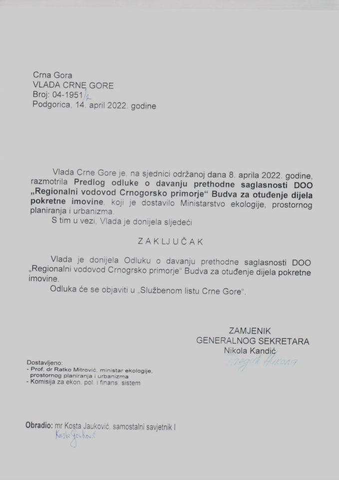 Predlog odluke o davanju prethodne saglasnosti DOO „Regionalni vodovod Crnogorsko primorje“ Budva za otuđenje dijela pokretne imovine (bez rasprave) - zaključci