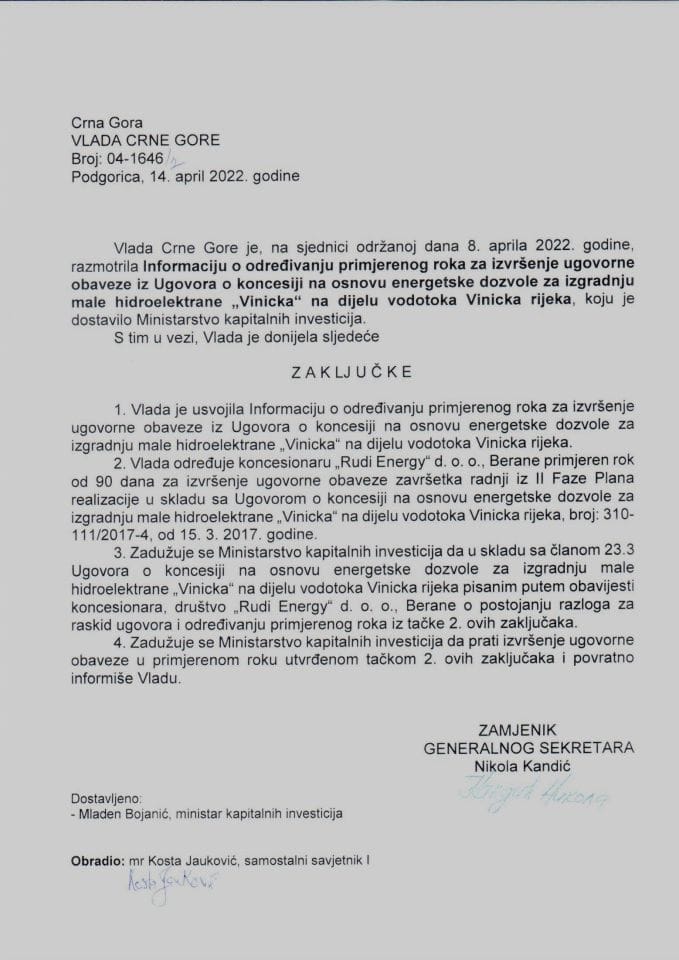 Информација о одређивању примјереног рока за извршење уговорне обавезе из Уговора о концесији на основу енергетске дозволе за изградњу мале хидроелектране „Виницка“ на дијелу водотока Виницка ријека - закључци