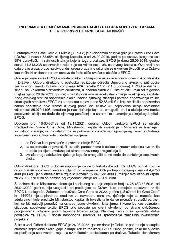 Informacija o rješavanju pitanja daljeg statusa sopstvenih akcija Elektroprivrede Crne Gore AD Nikšić