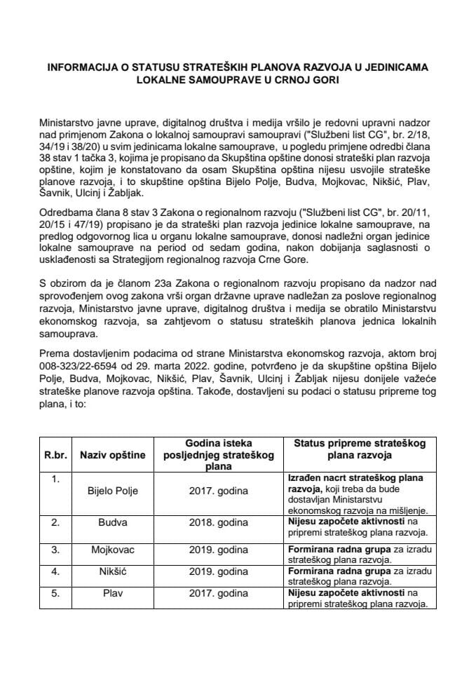 Informacija o statusu strateških planova razvoja u jedinicama lokalne samouprave u Crnoj Gori