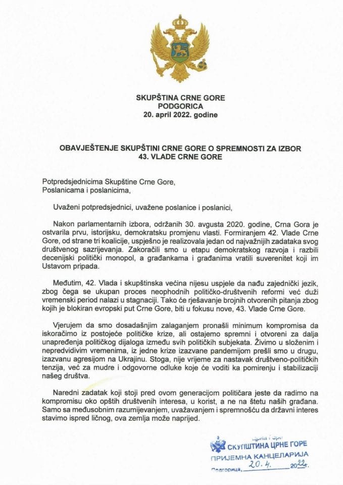 Обавјештење мандатара Дритана Абазовића Скупштини Црне Горе о спремности за избор 43. Владе ЦГ