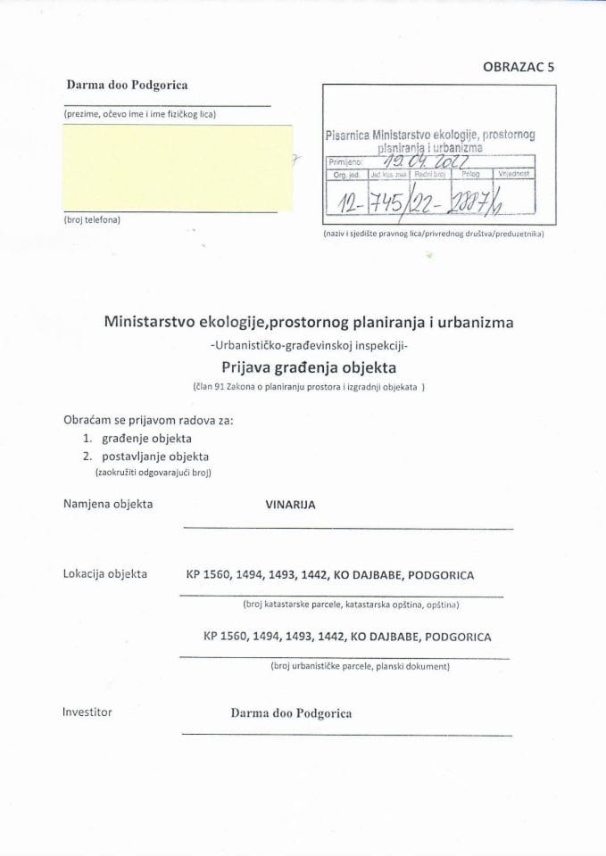 Prijava građenja objekta - 12-745-22-2887-1 DARMA DOO PODGORICA
