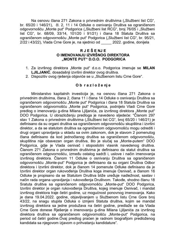 Предлог за именовање извршног директора "Монте-пут" ДОО Подгорица