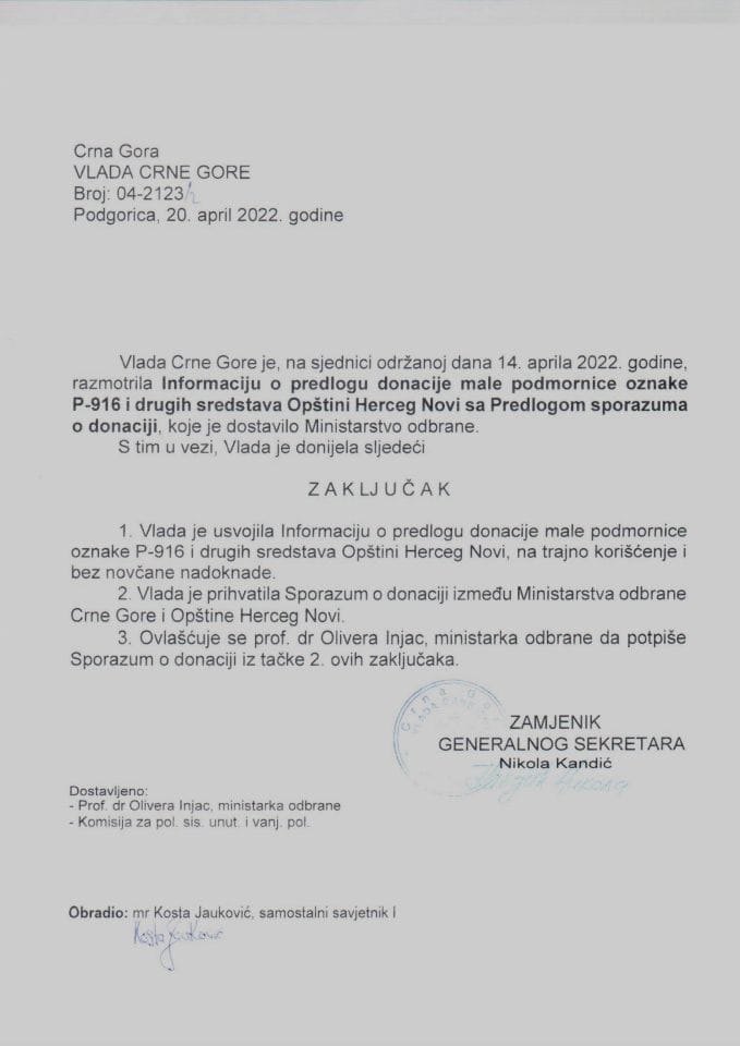 Informacija o predlogu donacije male podmornice oznake P-916 i drugih sredstava Opštini Herceg Novi s Predlogom sporazuma o donaciji - zaključci